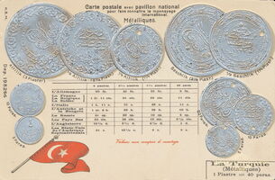 Type 1-La Turquie Carte postale avec pavillion national pour faire connaitre le monnayage international. Métalliques.