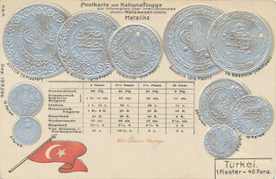 Type 1-Türkei Türkei Postkarte mit Nationalflagge zur Information über internationales Münzwesen. Metaliks